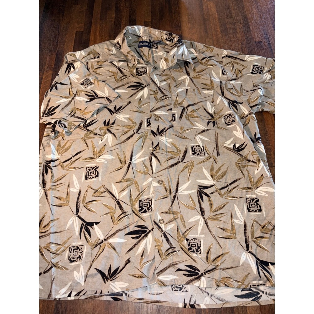 Puritan Mens Bamboo Leaf Asian Print Short Sleeve Viscose Camp Shirt Tan Large